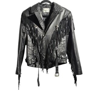 Vintage Leather Warehouse Black Western Moto‎ Jacket Belted Fringe Rock Sz 36